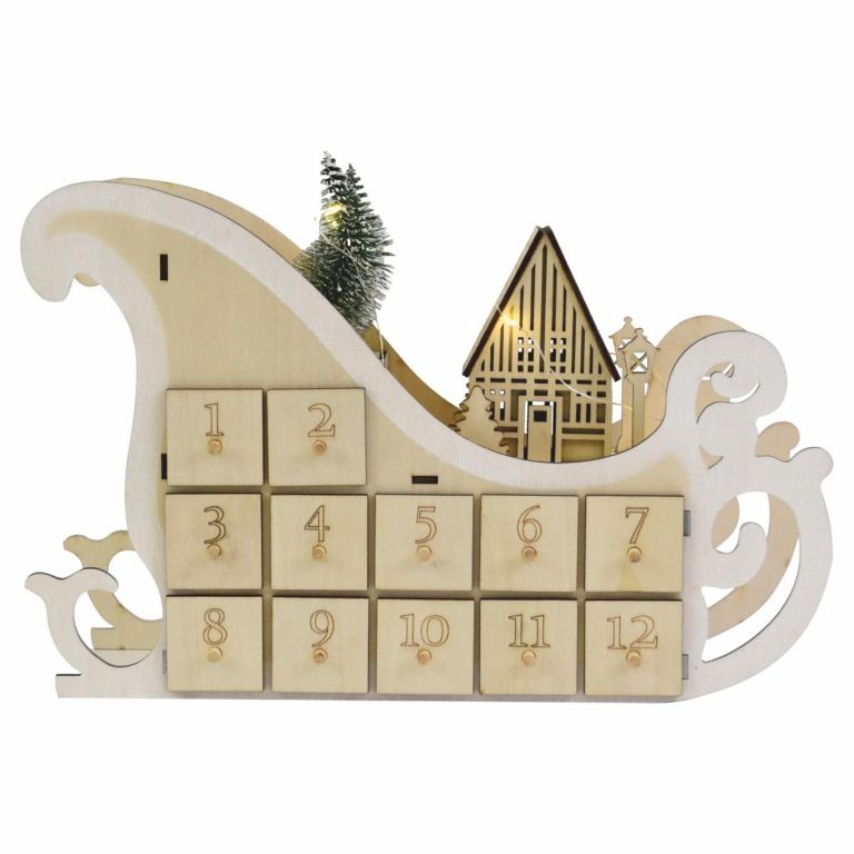 Vianočný adventný kalendár, sane, 10 LED, na batérie