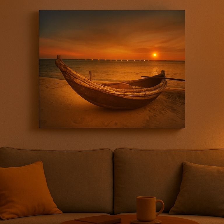 Nástenná maľba Loď na pláži, LED s časovačom, 30 x 40 cm