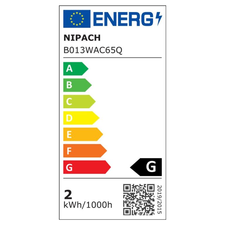 Energetický štítek s označením G, spotřeba 2 kWh na 1000 hodin, barevná stupnice od A po G