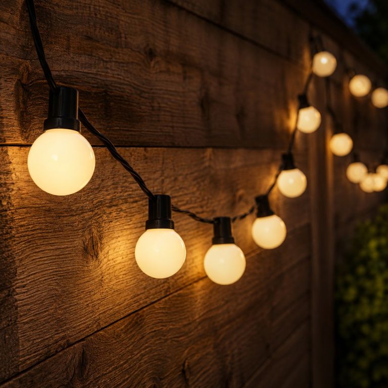 Zahradní párty osvětlení s 20 LED světly zavěšené na dřevěném plotě, světla svítí teplou bílou barvou