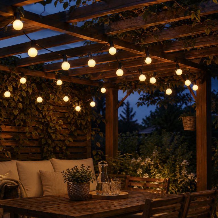 Zahradní párty osvětlení s 20 LED světly zavěšené pod pergolou nad dřevěným stolem, osvětlení svítí teplou bílou barvou večer v zahradě.