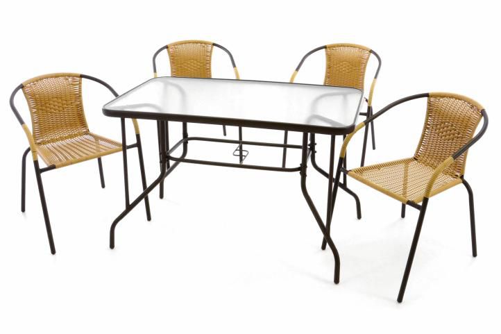 Zahradní set, 4 židle a skleněný stůl, polyratan, béžový
