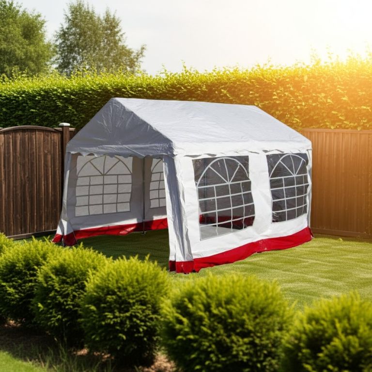 Záhradný párty stan - biely s červeným lemom 3 x 4 m