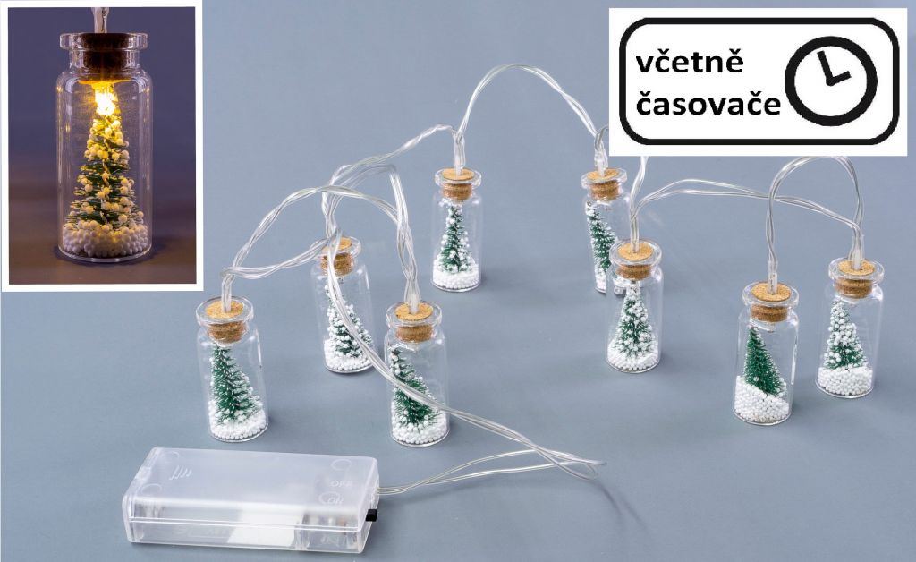 Vánoční dekorativní řetěz 8 LED, mini skleničky se stromky