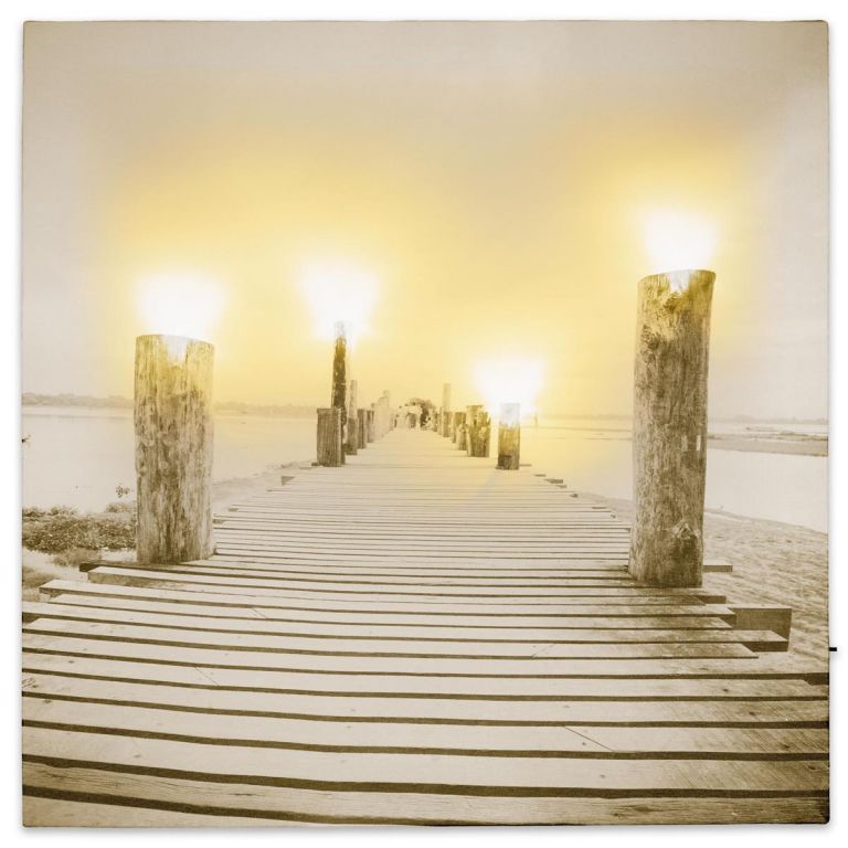 Nástěnná malba mlhavé ráno u jezera, 4 LED, 40 x 40 cm