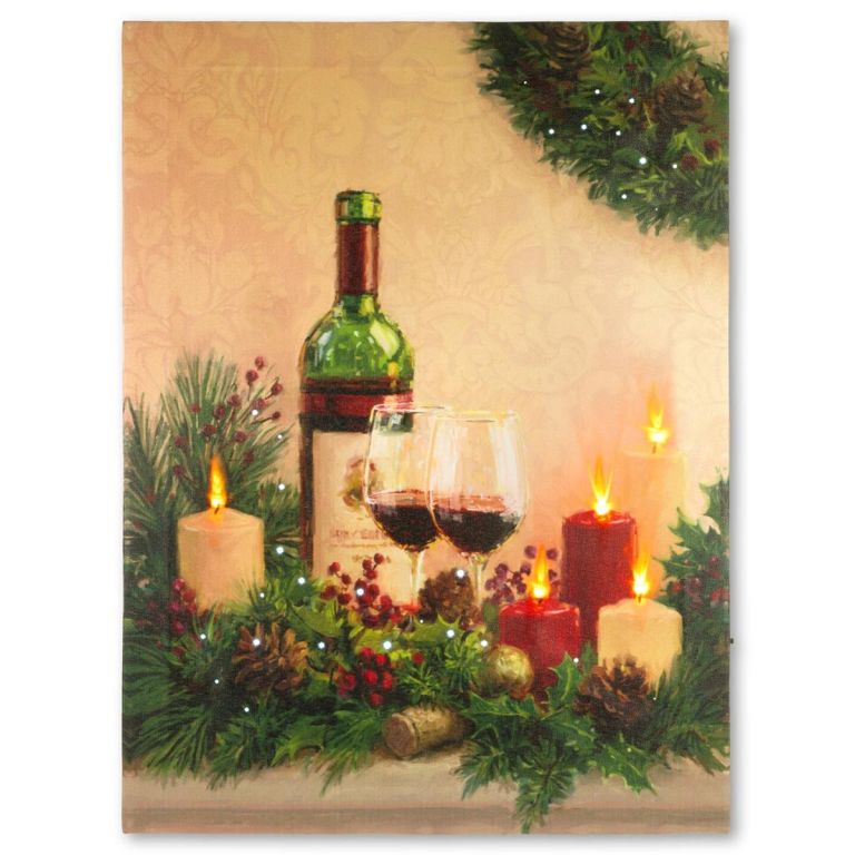 Nástenná maľba sviečky s vínom, vianočné, 5 LED, 30 x 40 cm