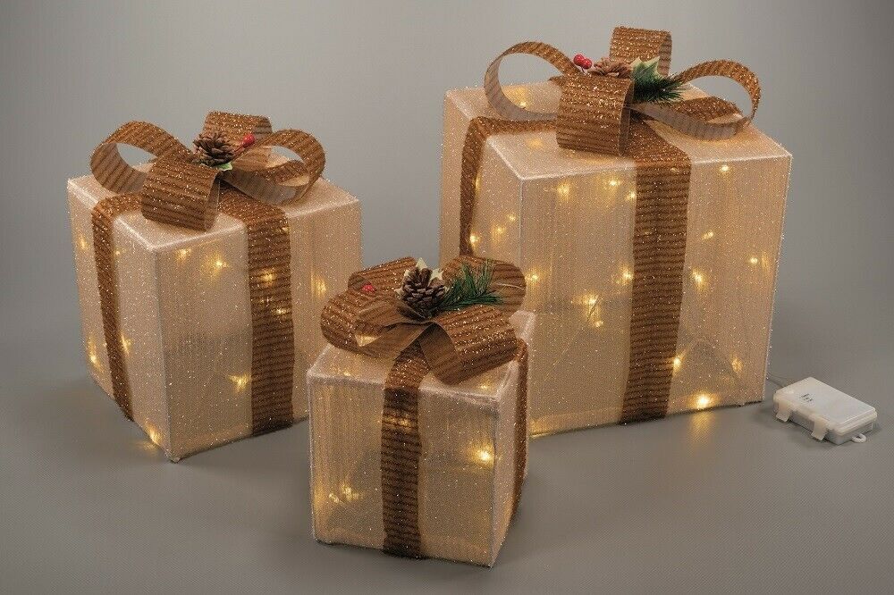 Vánoční LED dekorace - dárky, 3 velikosti, teple bílá
