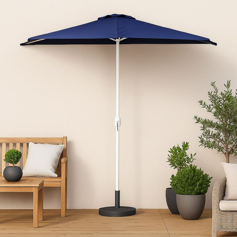 Balkonový půlkruhový slunečník 270cm modrý, podstavec, obal