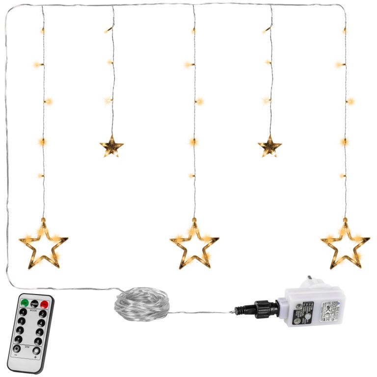 VOLTRONIC Vánoční závěs 5 hvězd, 61 LED, teple bílý, ovladač