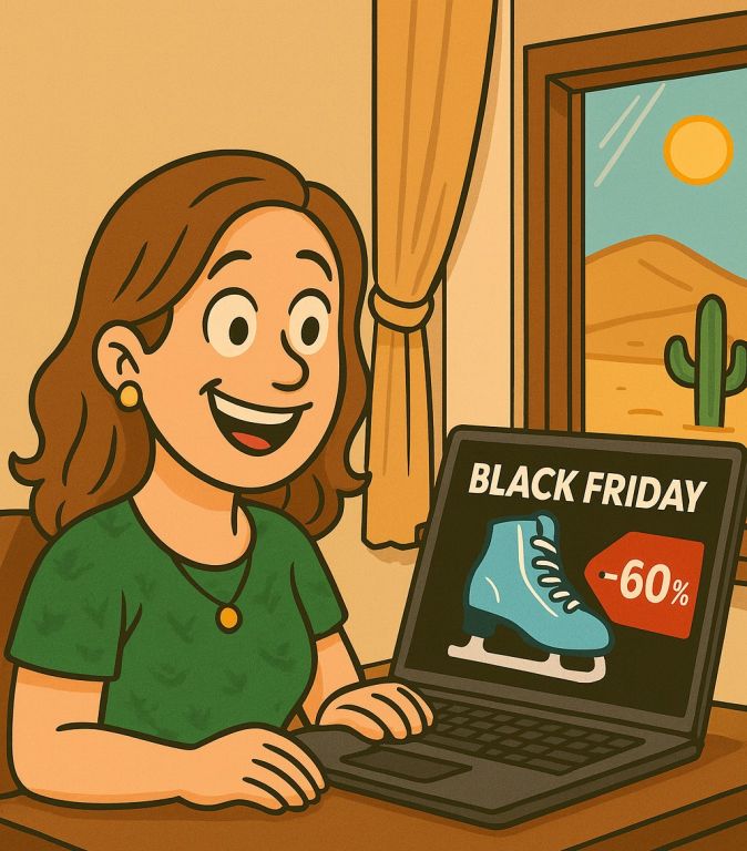 Žena nadšeně nakupuje brusle v Black Friday akci, i když za oknem je poušť