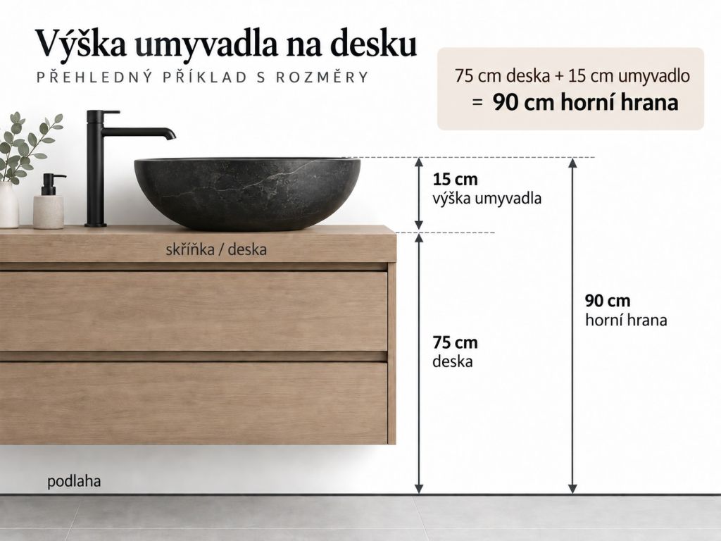 Jak vypočítat výšku umyvadla na desku Schéma výšky umyvadla na desku: 75 cm deska plus 15 cm umyvadlo rovná se 90 cm horní hrana
