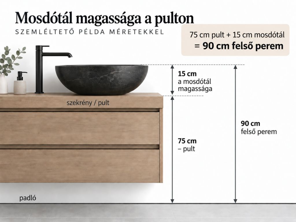 A pultra helyezhető mosdókagyló magasságának kiszámítása Mosdókagyló magasságának szemléltetése: 75 cm-es pult plusz 15 cm-es mosdótál egyenlő 90 cm-es felső peremmel