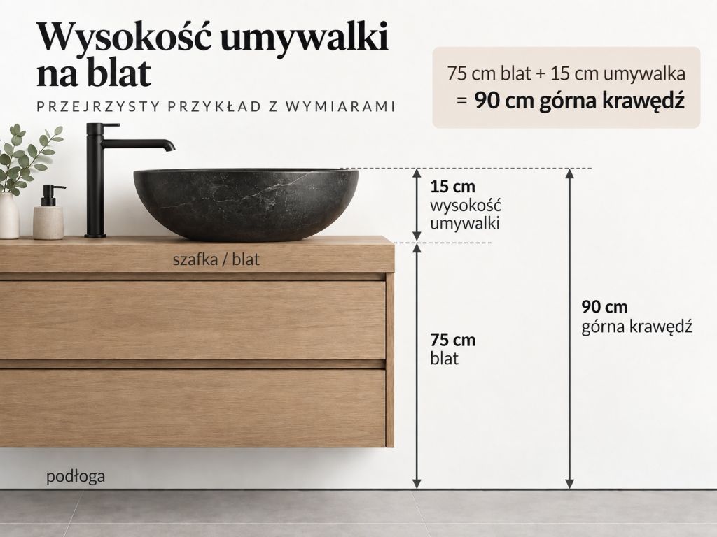 Schemat wysokości umywalki nablatowej: blat 75 cm plus umywalka 15 cm równa się 90 cm do górnej krawędzi