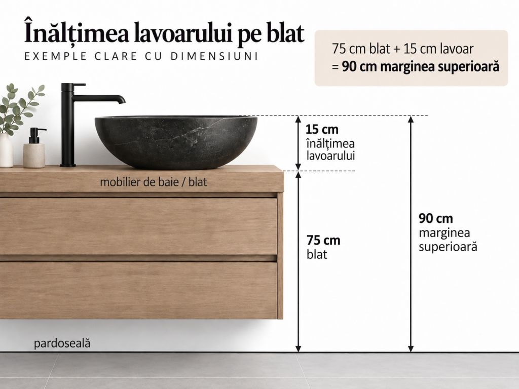 Cum se calculează înălțimea lavoarului pe blat Schema înălțimii lavoarului pe blat: blat de 75 cm plus lavoar de 15 cm egal 90 cm până la marginea superioară
