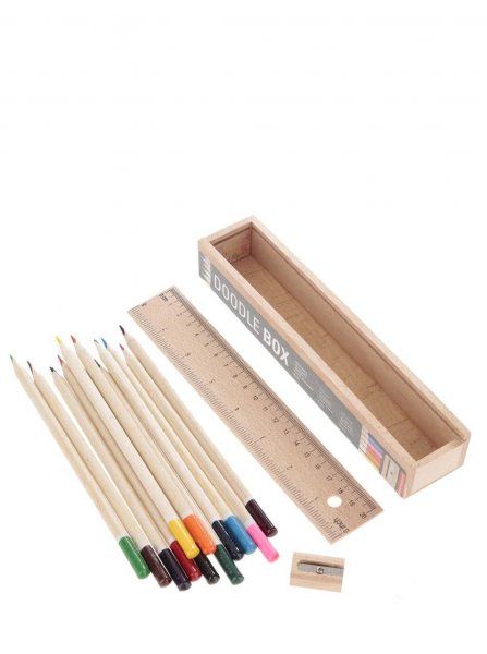 Cutie de lemn cu 12 creioane și o riglă