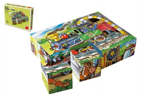 Kostky kubus Mašinka dřevo 12 ks v krabičce 16 x 12 x 4 cm