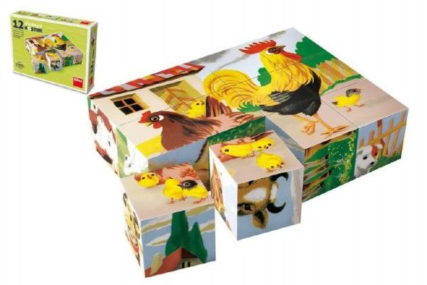 Kostky kubus Domácí zvířátka dřevo 12 ks v krabičce