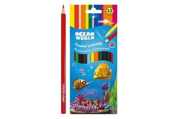 Pastelky barevné dřevo Ocean World trojhranné 12 ks v krabičce 9x20,5x1cm