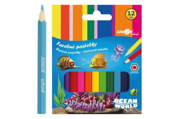 Pastelky barevné dřevo krátké Ocean World šestihranné 12 ks v krabičce 9x11,5x1c