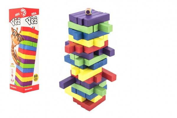 Hra věž dřevěná 60 ks barevných dílků společenská hra