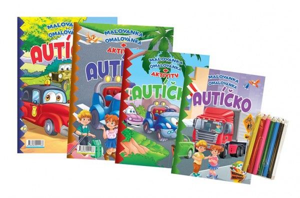 Omalovánky + aktivity Autíčko 4 ks + pastelky CZ + SK verze