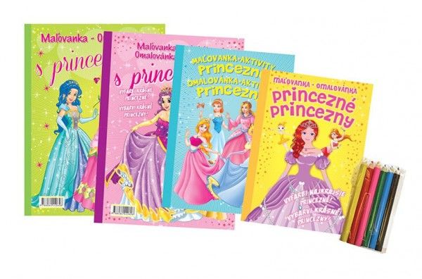 Carte de colorat Prințese 4 buc, creioane colorate