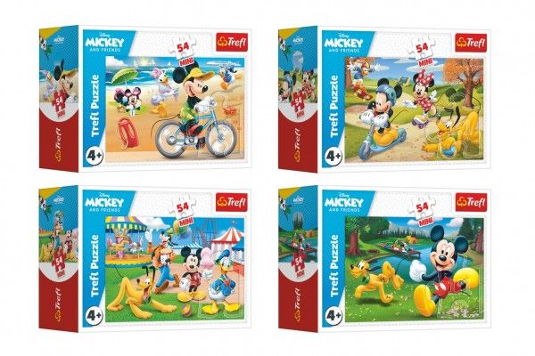 Minipuzzle 54 dílků Mickey Mouse Disney/ Den s přáteli 4 druhy v krabičce 9x6,5x4cm 40ks v