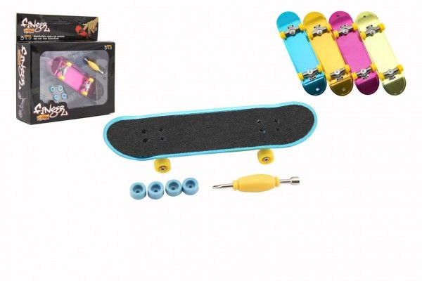 Skateboard prstový šroubovací plast 9cm s doplňky 4 barvy v krabičce 14x14x4cm