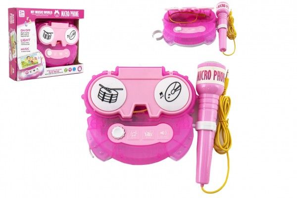 Mikrofon karaoke růžový plast na baterie se světlem v krabici 24x21x5,5cm