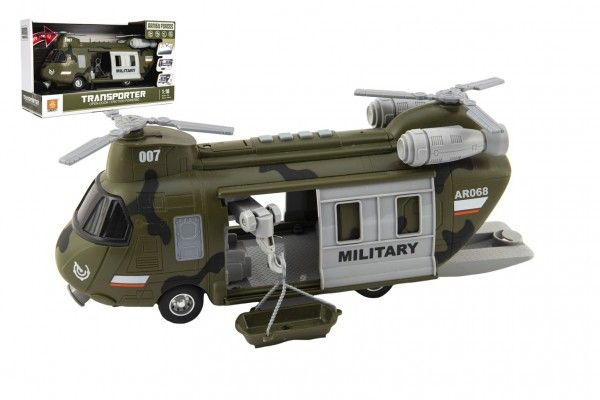 Vrtulník/Helikoptéra vojenská plast 28cm na baterie se světlem se zvukem v krabici 32x19x1