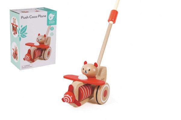 Teddies strkadlo letadlo dřevo 55cm tlačící s tyčkou v krabici 20x28x13cm