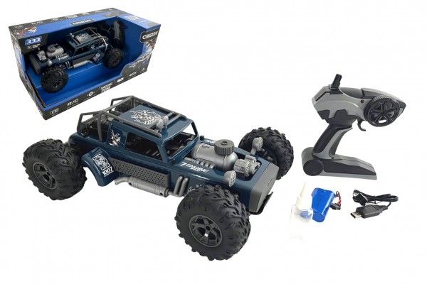 Auto RC buggy vypouštějící páru plast 38cm modré 2,4GHz na bat. + dobíjecí pack v krabici 
