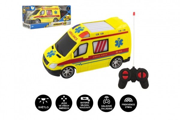 Auto RC ambulance plast 20cm na dálkové ovládání 27MHz na baterie se světlem v krabici 28x
