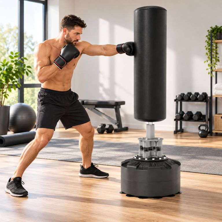 Férfi edz egy szabadon álló boxzsákon rugórendszerrel és tölthető talppal sportos belső térben.