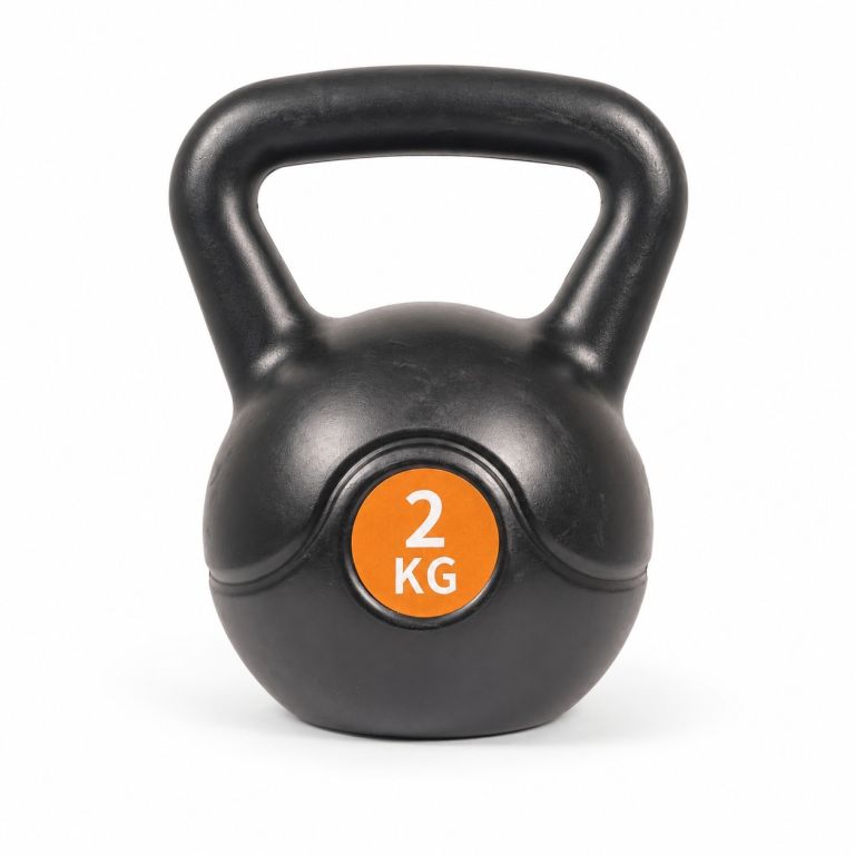 Černý kettlebell 2 kg s oranžovou nálepkou s hmotností, plastový s cementovou výplní