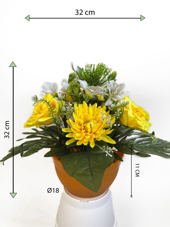 Dekorativní miska s umělou chryzantémou a růží, žlutá, 32 cm
