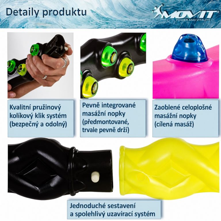 Detailní záběry na masážní hula hoop obruč ukazující click systém s pružinovým kolíkem, pevně integrované masážní nopky a uzavírací mechanismus.