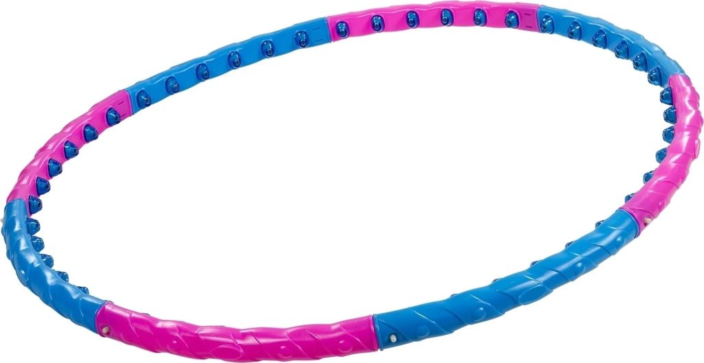 Masážní hula hoop obruč složená z modrých a růžových segmentů s masážními výstupky s magnety na vnitřní straně.