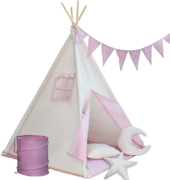 Dětský stan teepee s příslušenstvím + vlajka, růžovo/béžový