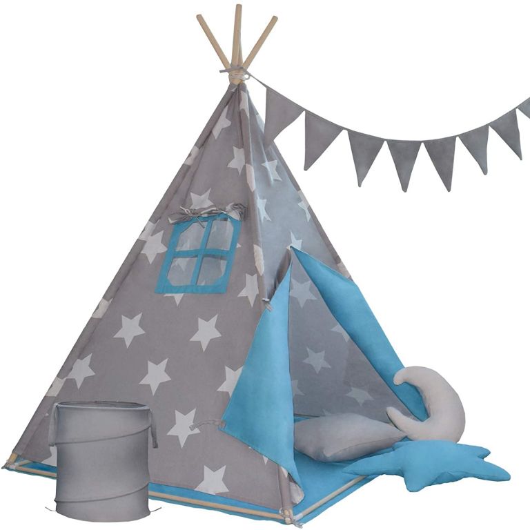 Dětský stan teepee, modro/šedý, s příslušenstvím + vlajky