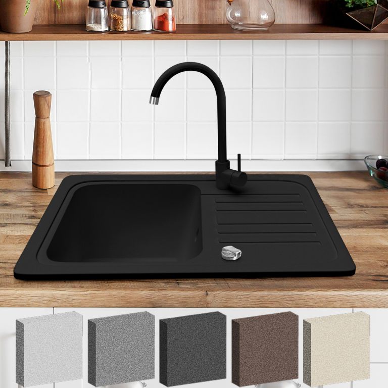 Kuchyňský dřez granitový černý s odkapávačem a baterií