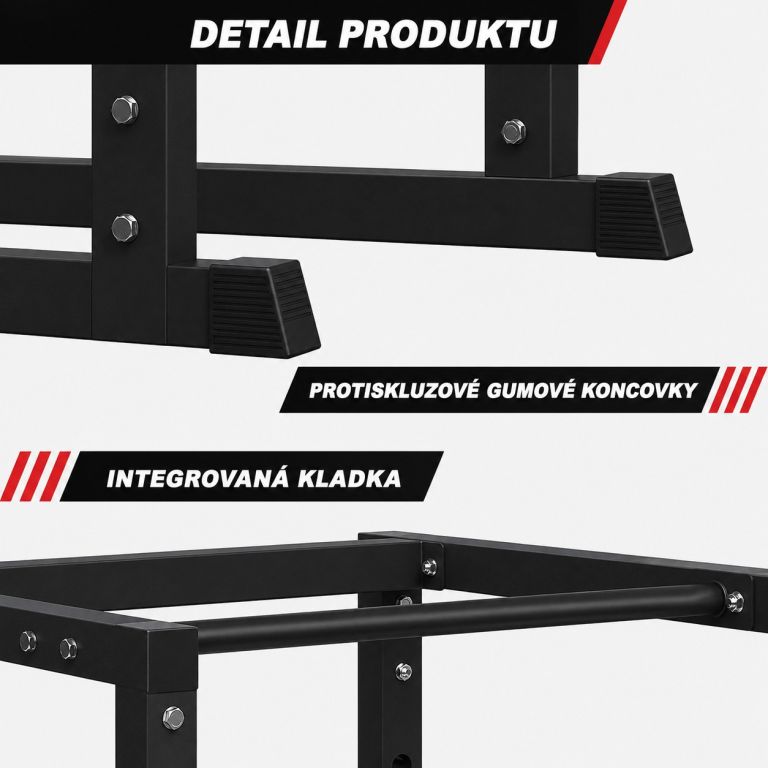 Detail kovového černého prvku zasunutého do čtvercové tyče s otvory na červeném pozadí.
