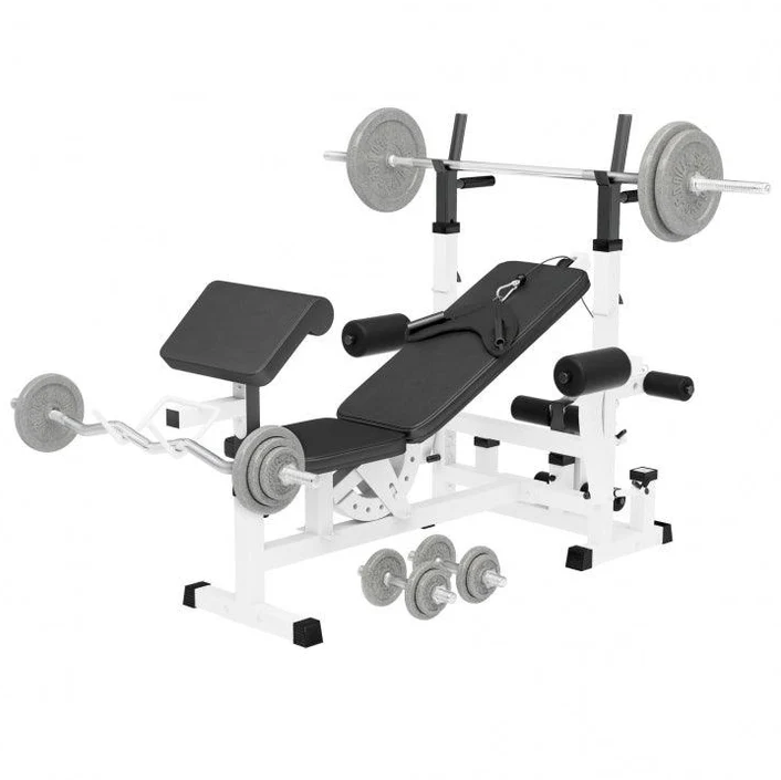 Gorilla Sports Posilovací lavice + litinový set činek, bílá
