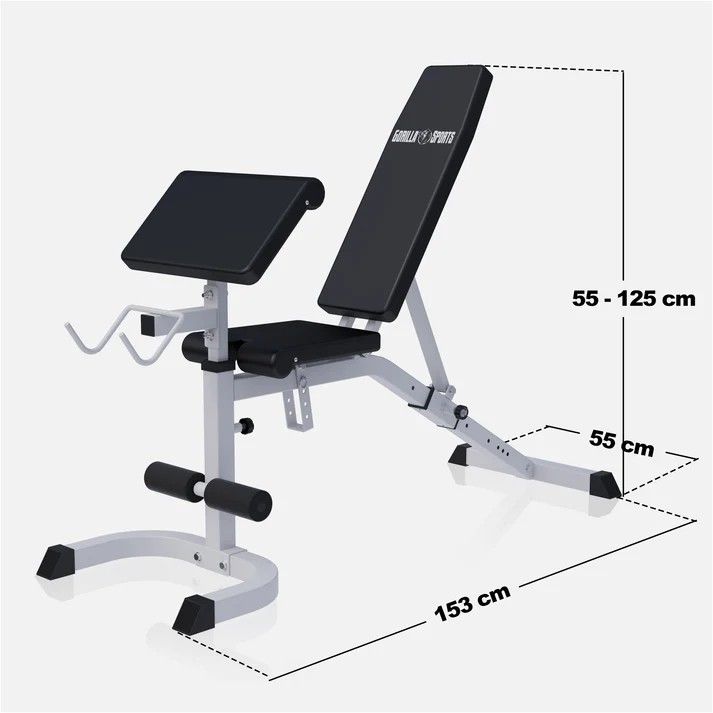 Polohovací posilovací lavice s černým polstrováním a bílou konstrukcí, zobrazené rozměry 153 cm délka, 55 cm šířka, 55 až 125 cm výška opěradla.