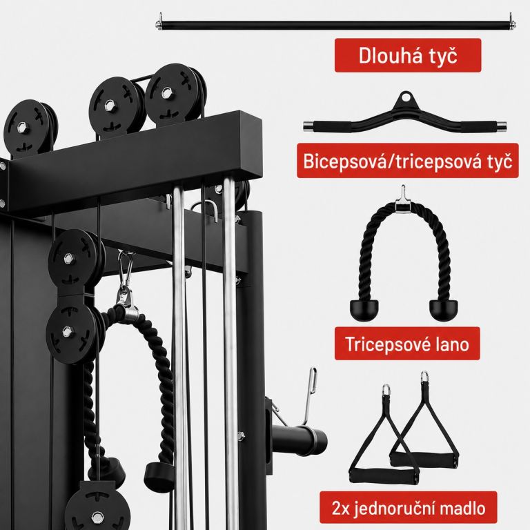 Příslušenství k multifunkční posilovací stanici včetně dlouhé tyče, bicepsové/tricepsové tyče, tricepsového lana a dvou jednoručních madel s českými popisky.