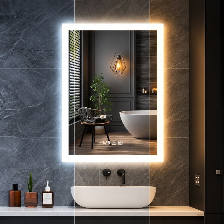 Koupelnové LED zrcadlo 80x60 cm s nepřímým podsvícením, digitálním displejem a dvojbarevným osvětlením v moderní koupelně