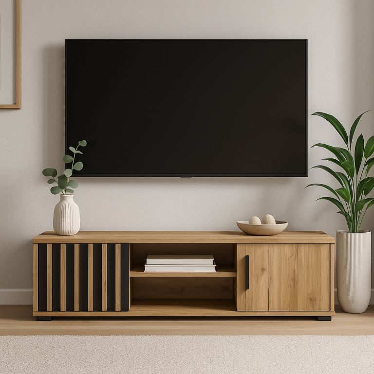 TV skrinka drevená 140 cm, s policou a dvierkami