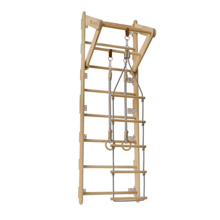 Detské drevené rebriny s hrazdou, kruhmi, povrazovým rebríko