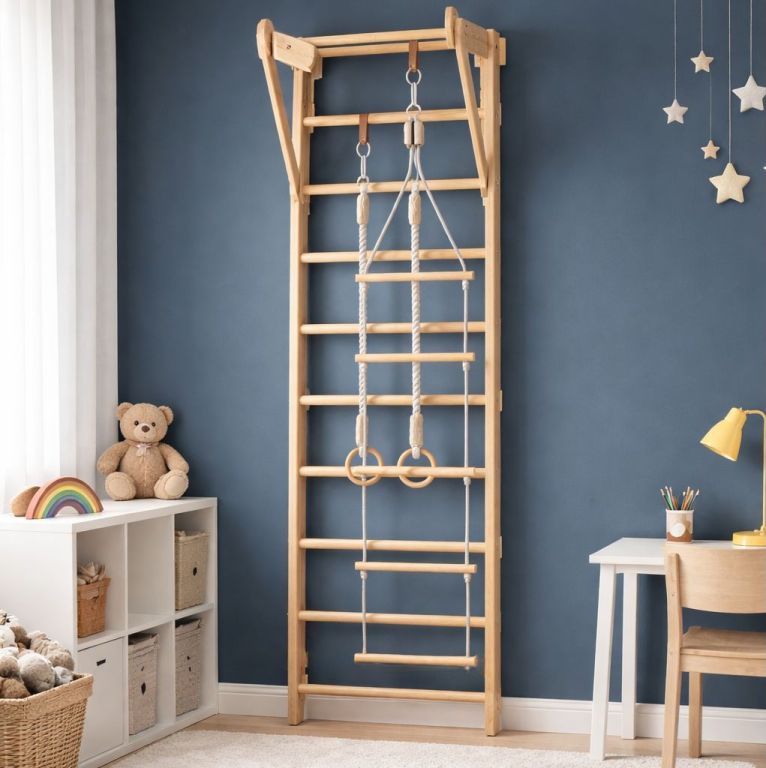 Detské drevené rebriny s hrazdou, kruhmi, povrazovým rebríko