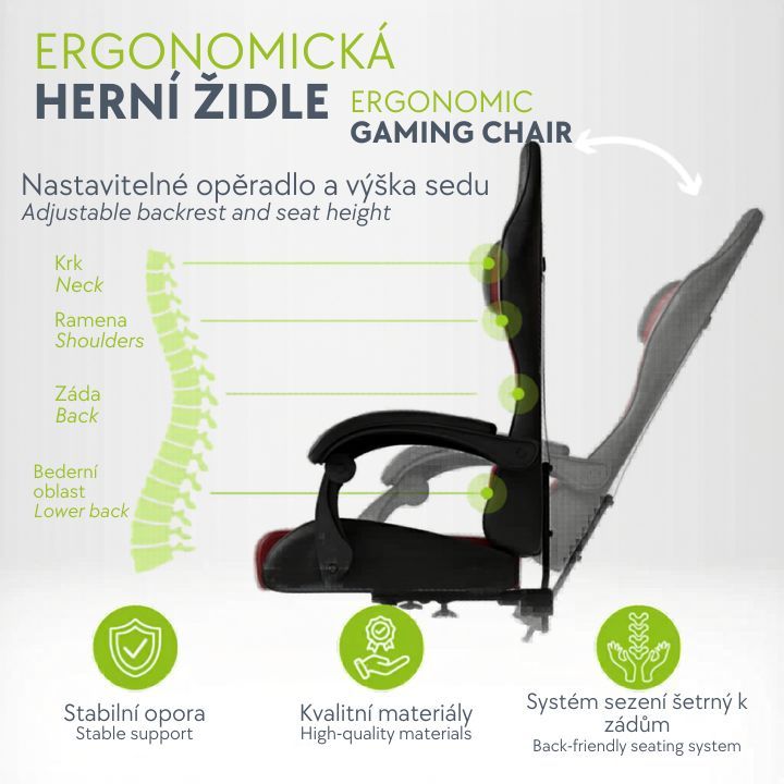 Ergonomická herná stolička, čierna/červená, vankúšiky,